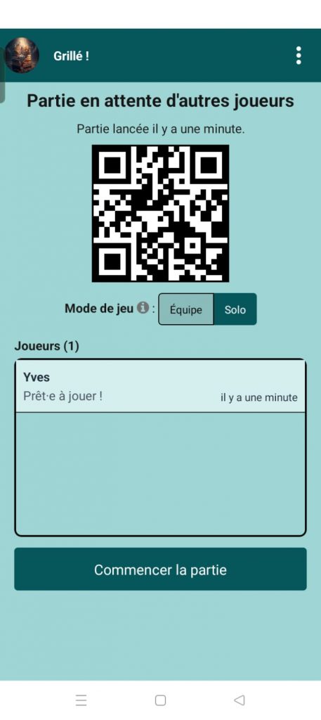 Partie en attente d'autres joueurs sur l'application Grillé